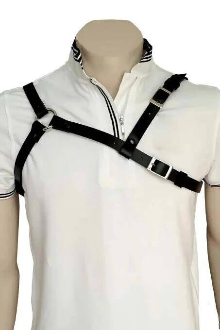 Close-up of silver rectangular pin buckles on black PU leather shoulder harness strap