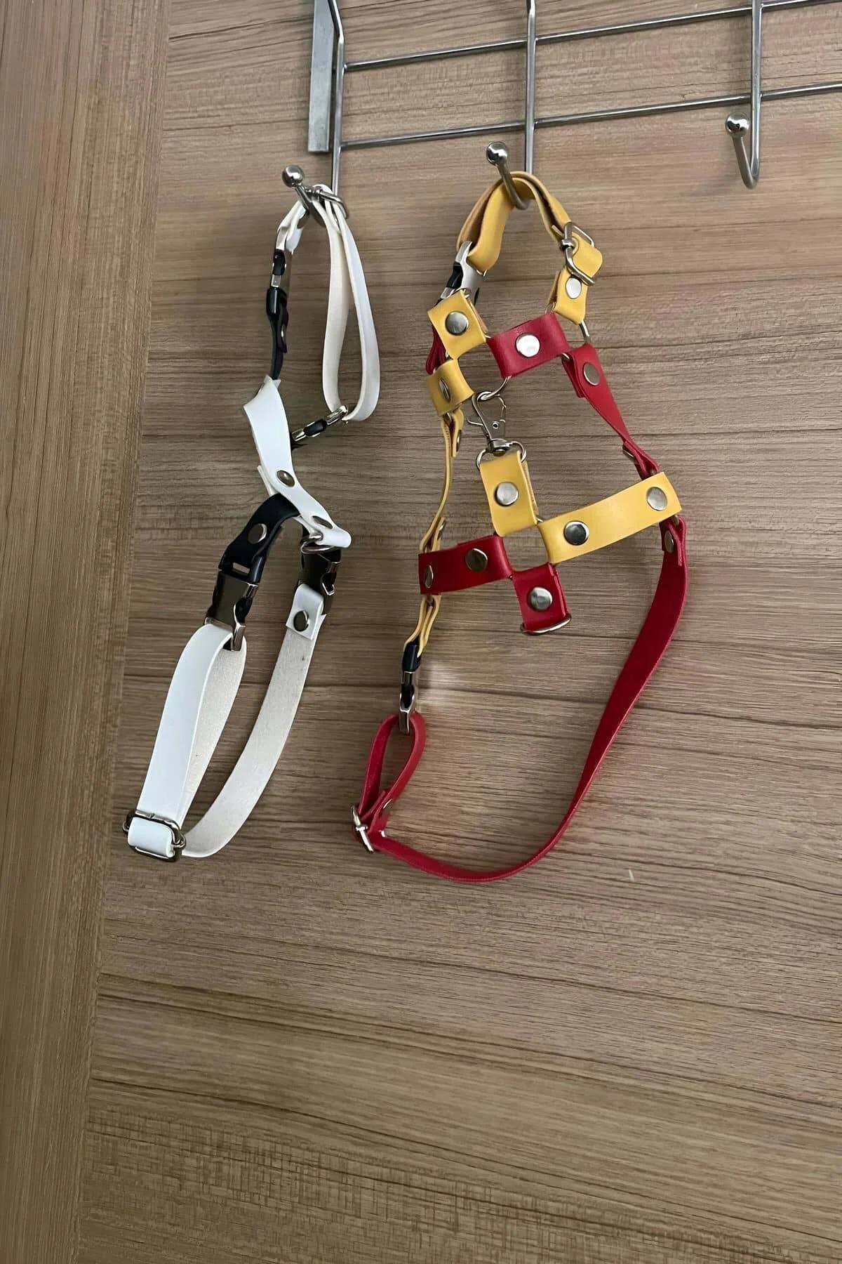 Two-tone red yellow cat harness H-style chest panel with silver rivet detail close-up