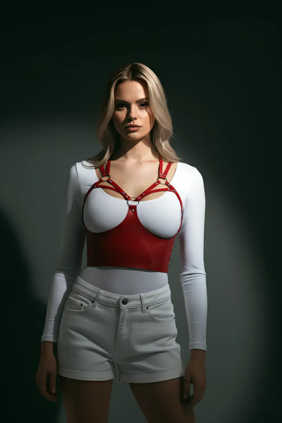 Red Faux Leather Chest Harness with Adjustable Straps
