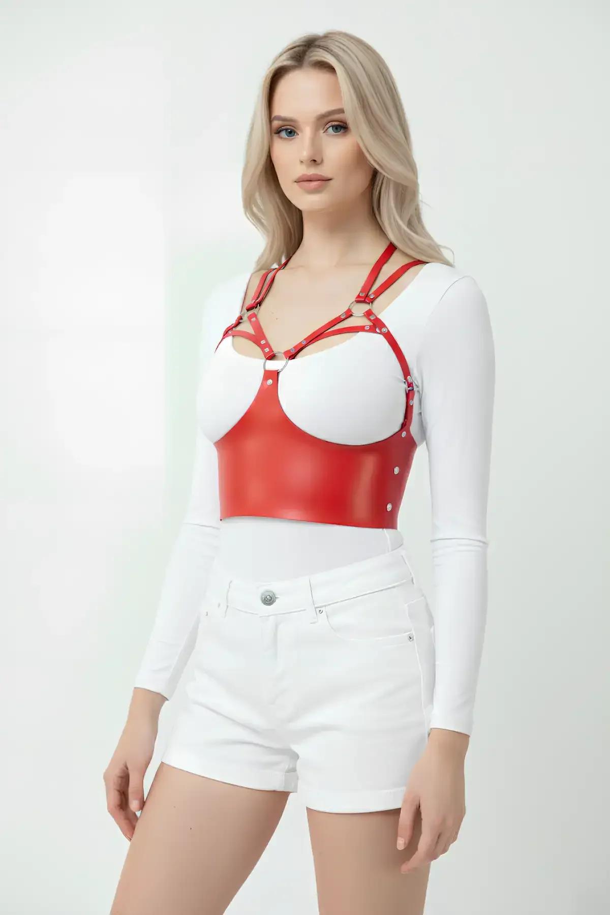 Red Faux Leather Chest Harness with Adjustable Straps