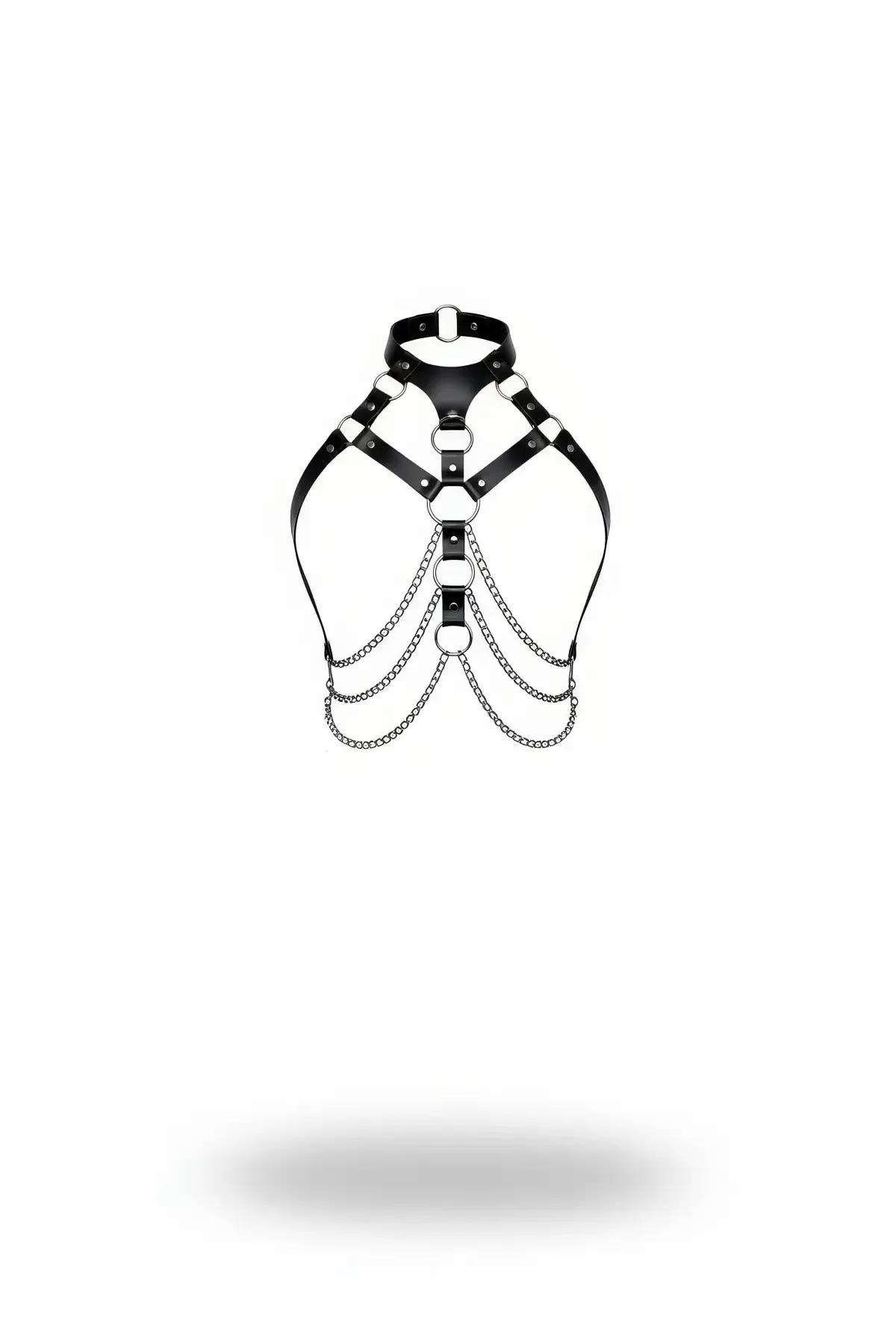 black faux leather chest harness with built-in choker collar, five silver O-rings, and three draped link chains across lower