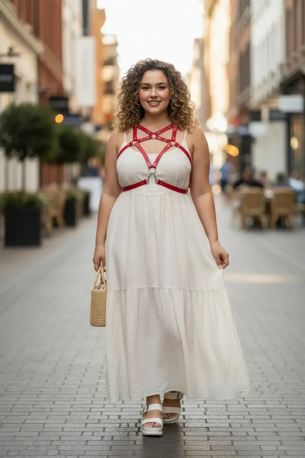 Red faux leather star chest harness with gold O-ring hardware worn over a white dress on a city street