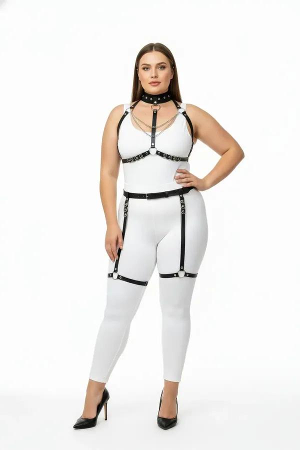 büyük beden siyah vegan deri harness takım gümüş zincir ve O-ring detaylı dört parça set