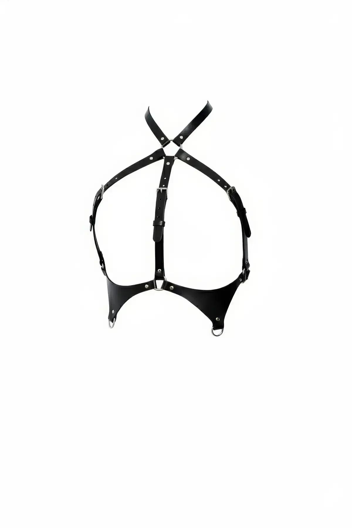 black faux leather X-cross chest harness with structured panel base and silver O-ring hardware