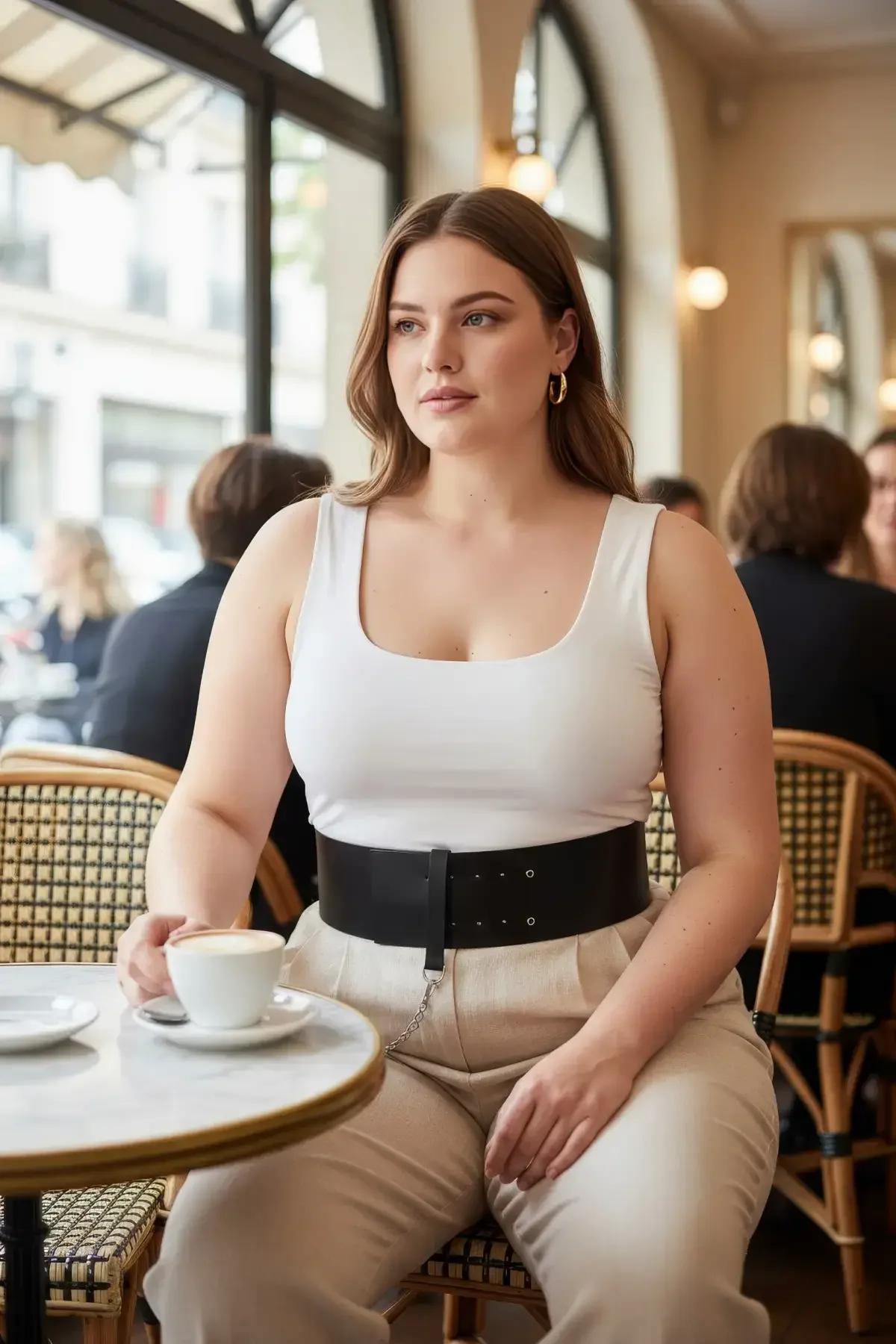 Black faux leather wide waist cincher with double silver eyelet rows and dangling chain accent worn over white tank top