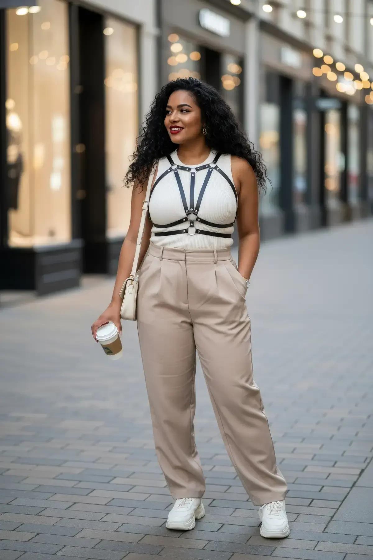 Black faux leather caged chest harness with silver O-ring connectors worn over white tank top streetwear outfit
