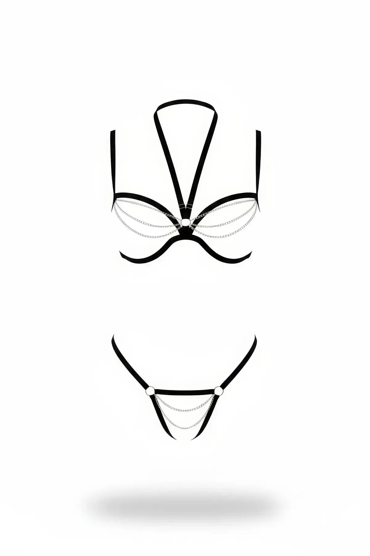 Black faux leather halter chest harness set with draped silver chains and O-ring connectors, two-piece including brief