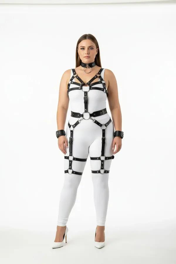 black vegan leather full body harness set with chest cage straps, O-ring waist belt, thigh and calf leg garters, silver buckl