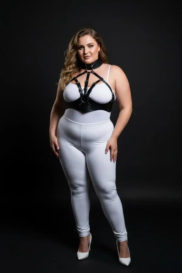 black faux leather body harness with high collar and silver O-ring worn over white bodysuit, plus-size model, cage strap ches