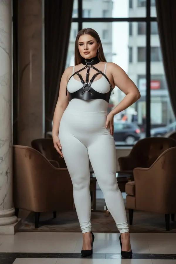 black faux leather body harness with high collar and silver O-ring worn over white bodysuit, plus-size model, cage strap ches