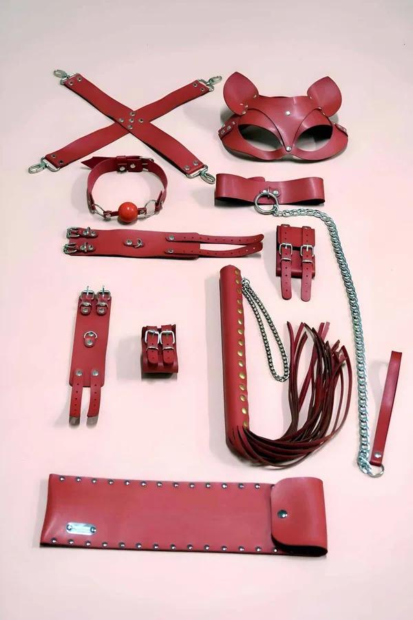 Red faux leather 9-piece intimate accessory set with cat-ear mask, wrist and ankle cuffs, collar, flogger, ball gag, waist be