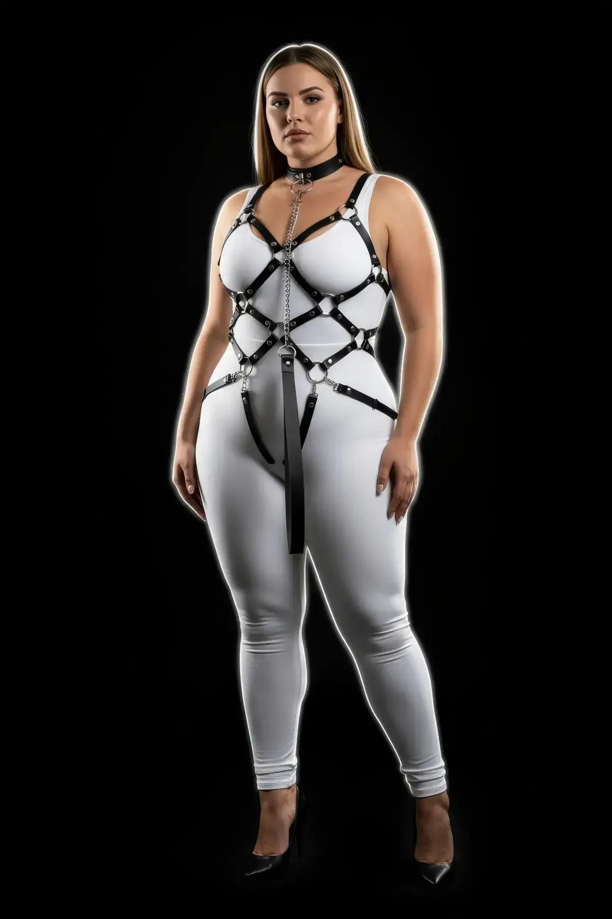 black faux leather caged full body harness with silver O-rings center chain and garter straps front view