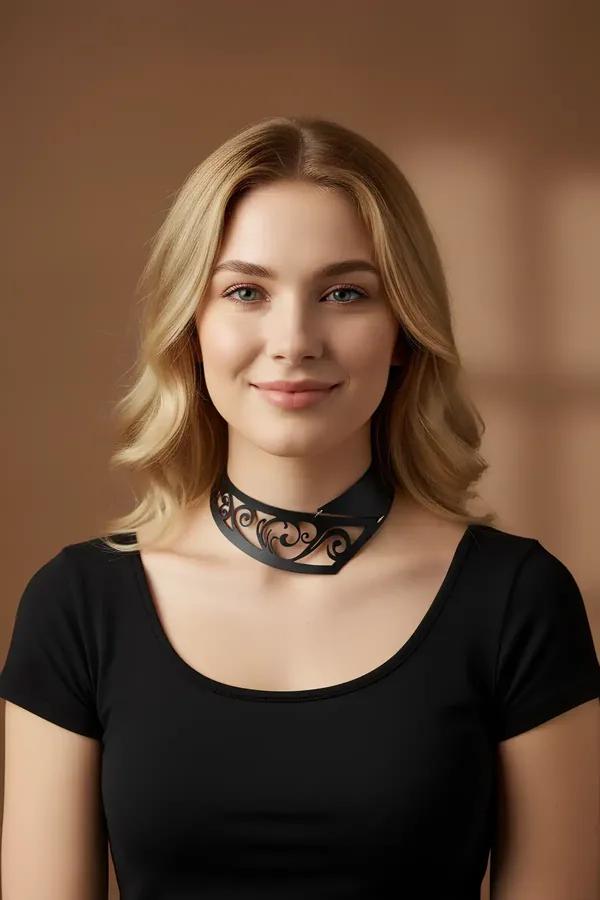 Black faux leather laser-cut swirl choker wide band with scroll cutout pattern worn around neck