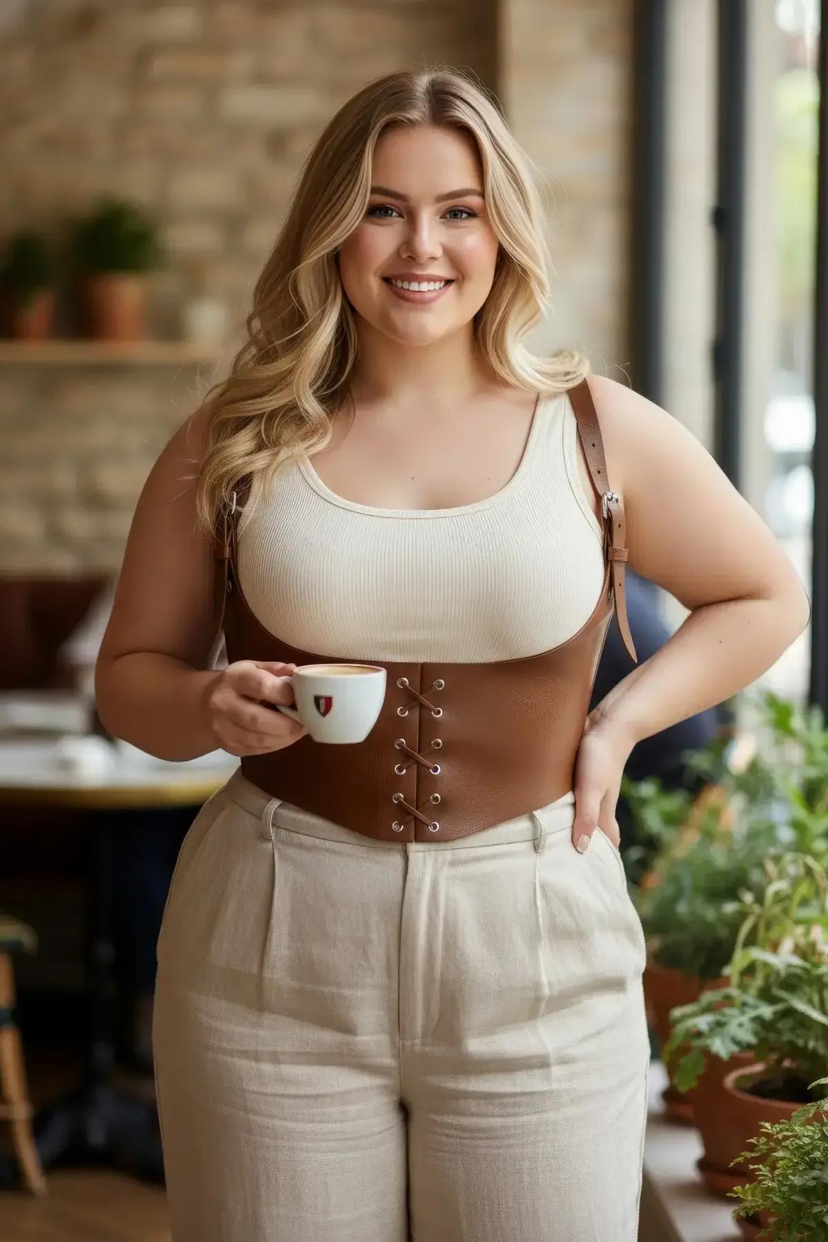 Brown faux leather underbust corset harness with front lace-up closure and wide adjustable shoulder straps