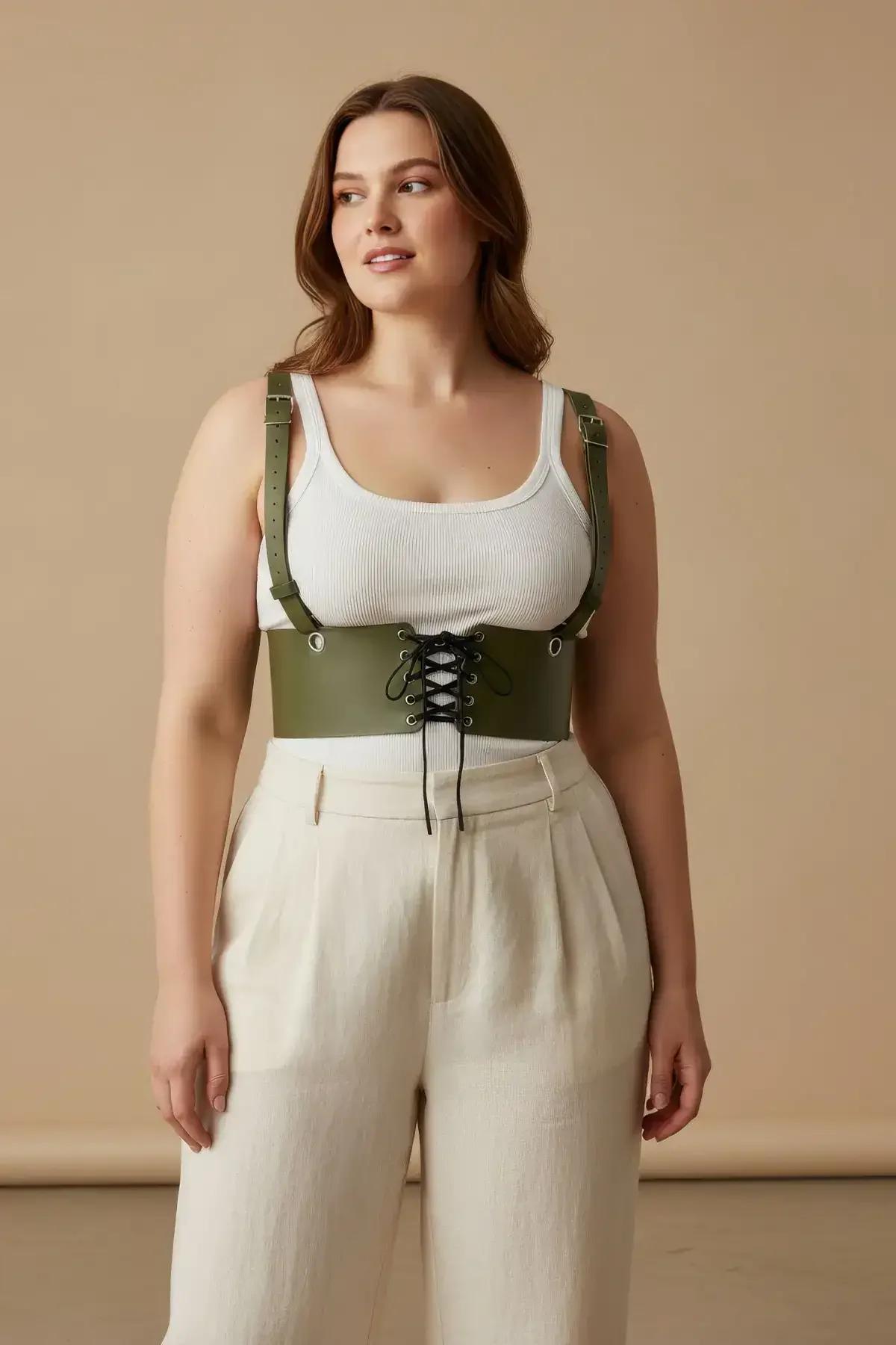 Olive green vegan leather lace-up underbust corset harness with wide waistband and buckle shoulder straps