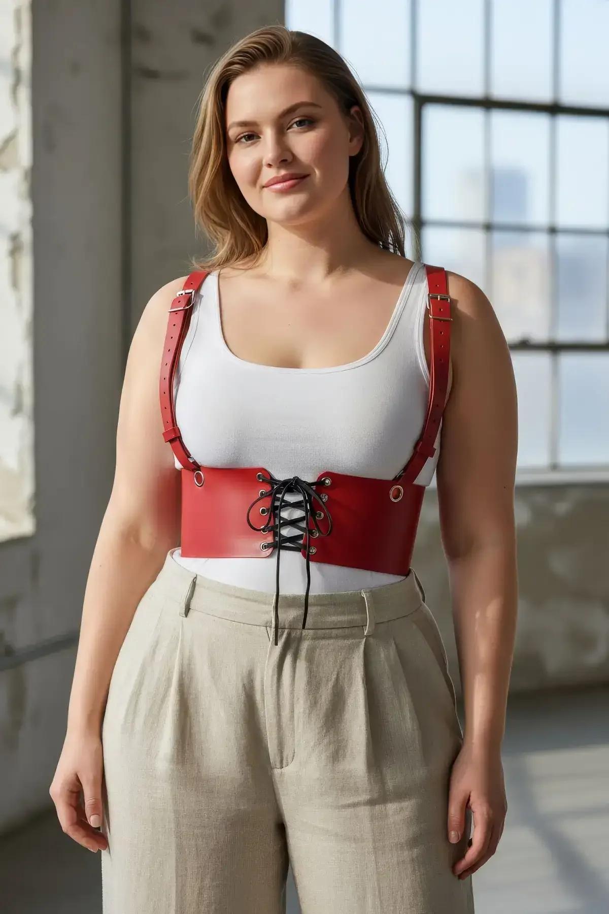 red faux leather underbust harness with black lace-up front and adjustable silver buckle shoulder straps worn over white tank