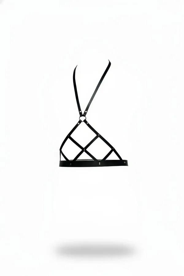 black faux leather geometric caged chest harness with halterneck strap and silver rivets, front view