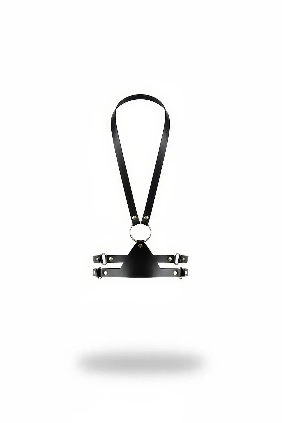 black faux leather chest harness with silver O-ring triangle panel and dual underbust straps on white background