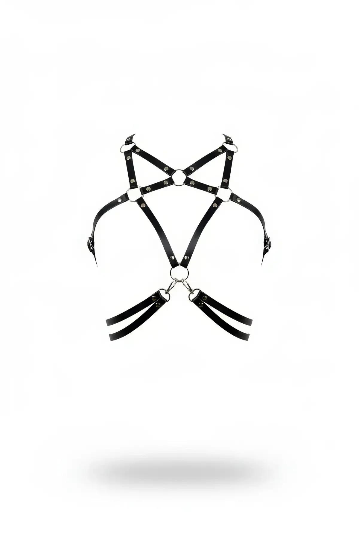 black faux leather star chest harness with silver O-rings and rivet studs on geometric crossing straps