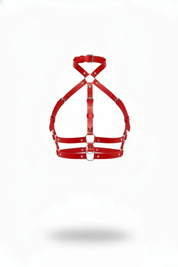 Red faux leather halter chest harness with crossing straps and silver O-ring at underbust center