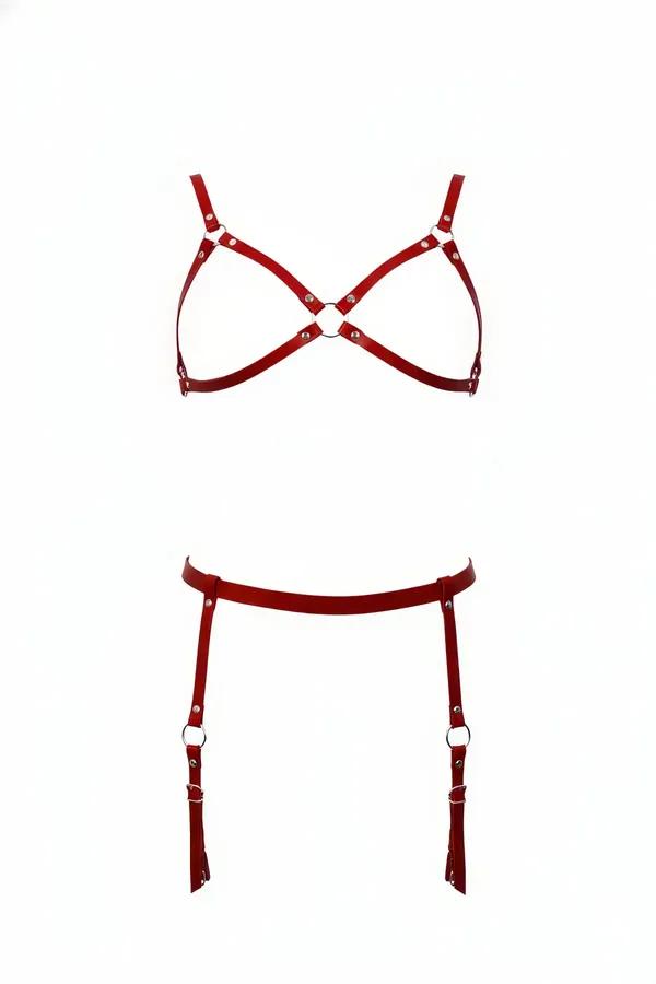 kırmızı vegan deri harness takım bustier O-halkalı ve jartiyer kemeri gümüş metal halkalar