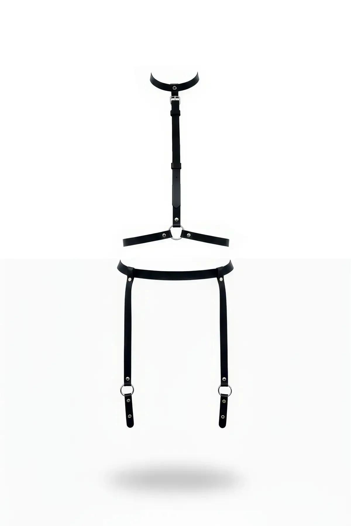 Black faux leather collar-to-thigh harness set with silver O-ring chest band and adjustable thigh drop straps