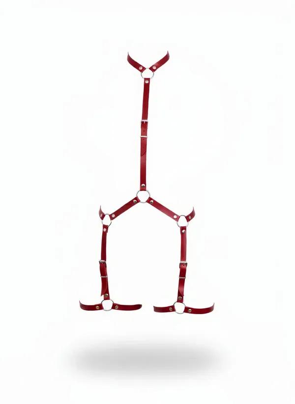 Kırmızı vegan deri body harness boyun ve bacak detaylı gümüş metal O-halkalı tam vücut aksesuar