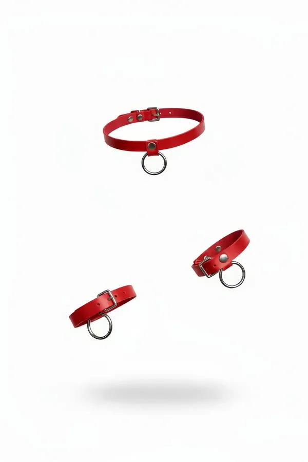 Red faux leather O-ring choker with silver buckle hardware, shown as a 3-piece set with two matching wristbands