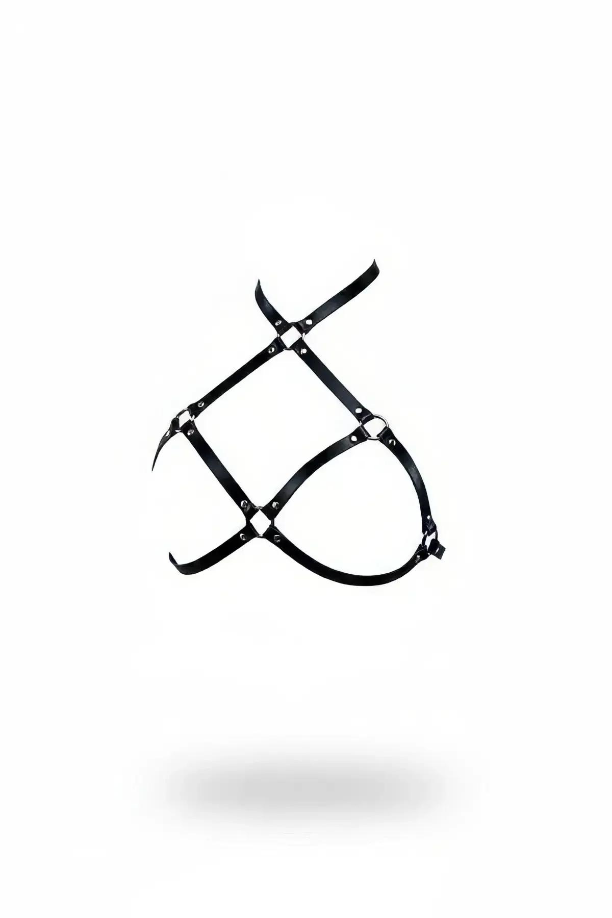 Black faux leather men's chest harness with silver O-rings and rectangular cage strap panel on white background