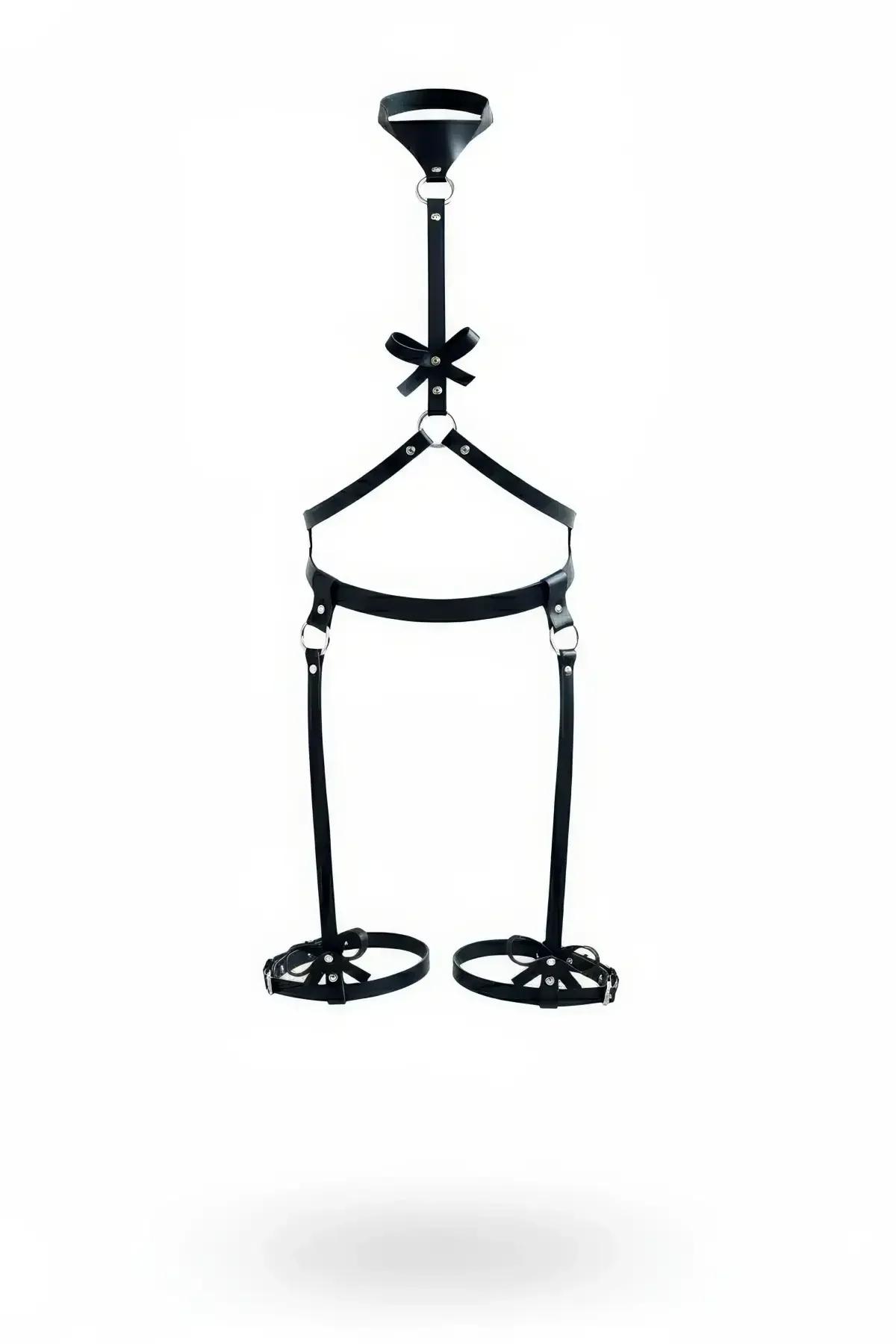 black faux leather full body harness with neck collar O-ring chest cage bow accent and dual thigh garter rings silver hardwar