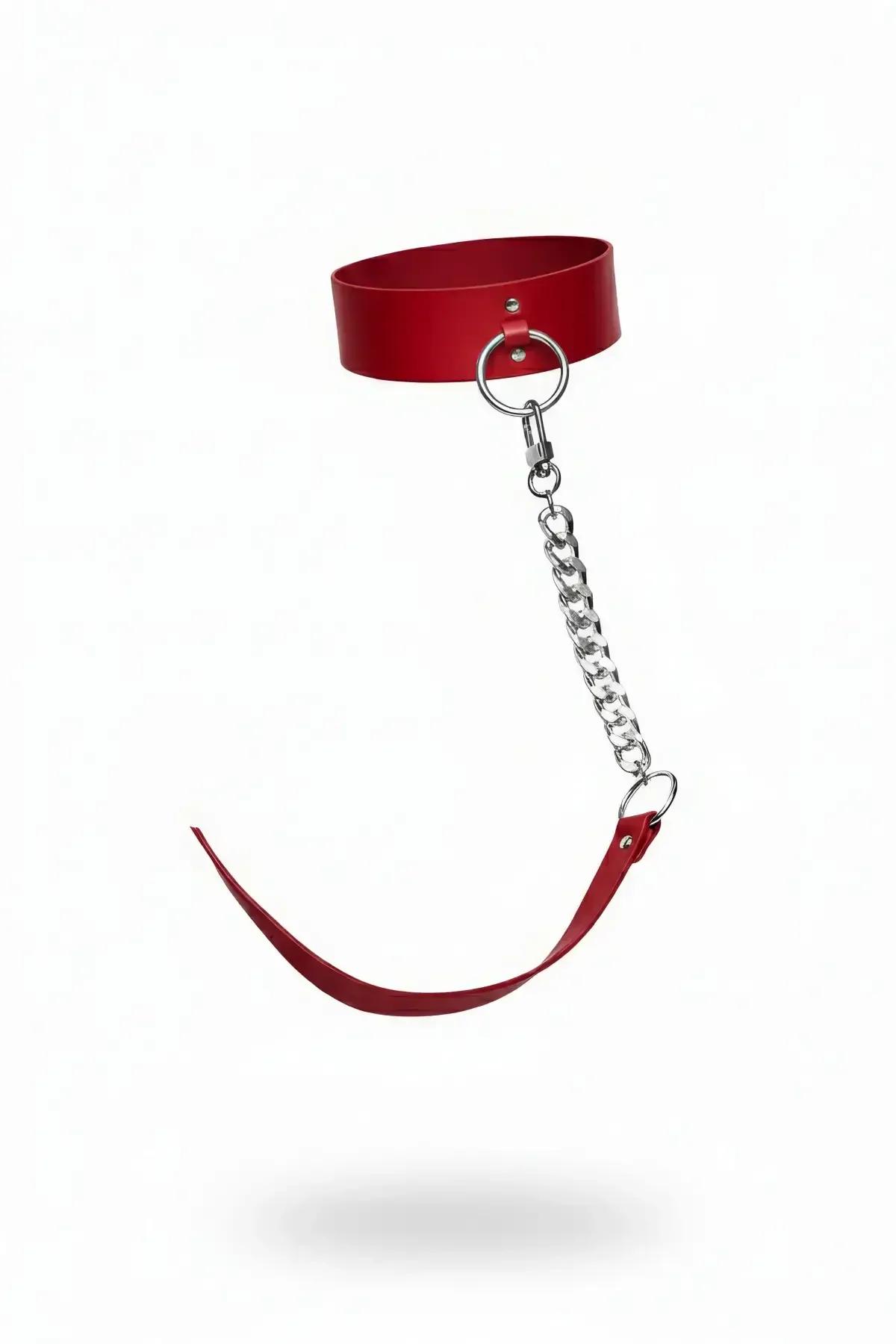 red faux leather choker with silver O-ring and detachable curb-link chain strap on white background