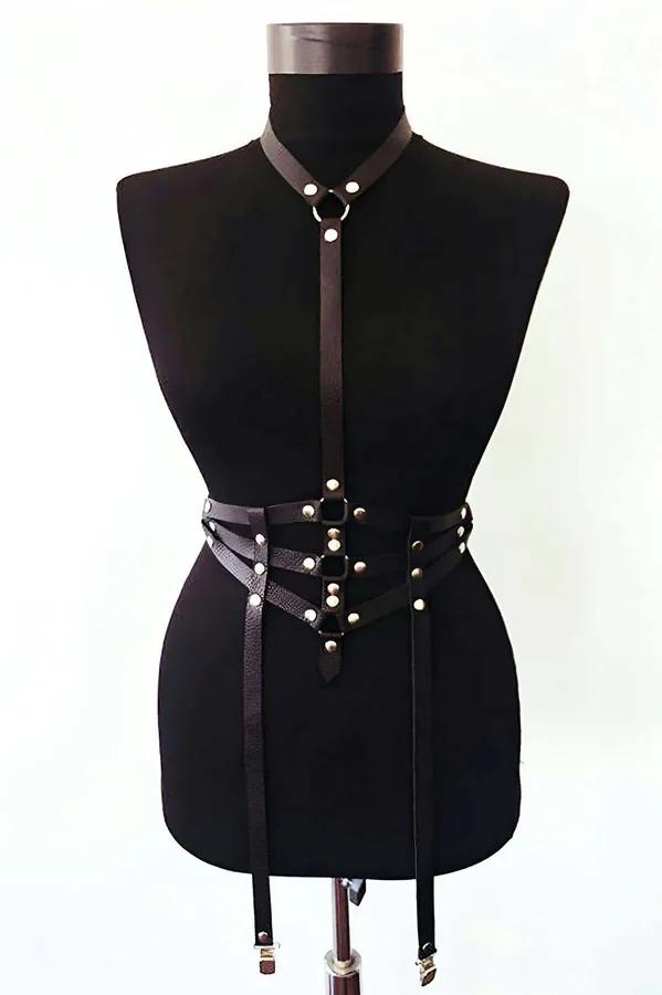 Black faux leather full body harness with gold-tone rivets, O-ring choker, multi-strap waist cage, and four garter clips on m