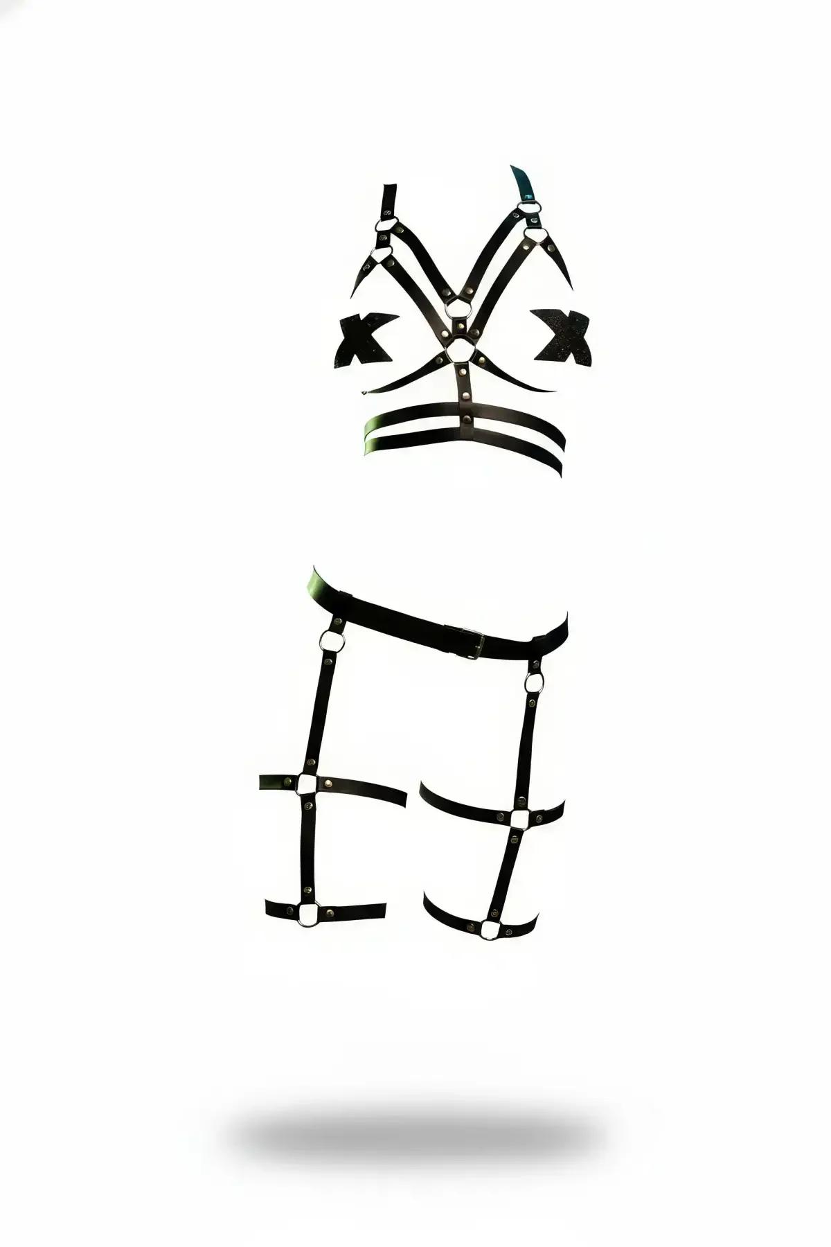 black faux leather chest harness set with X-cross straps and O-ring hardware plus matching thigh garters