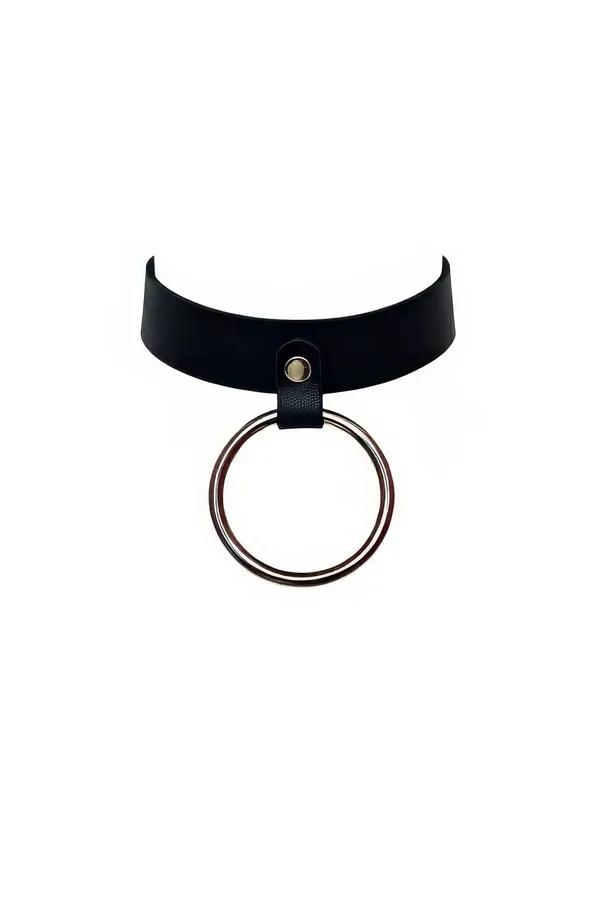 Black faux leather choker necklace with wide flat band and large silver O-ring pendant on white background