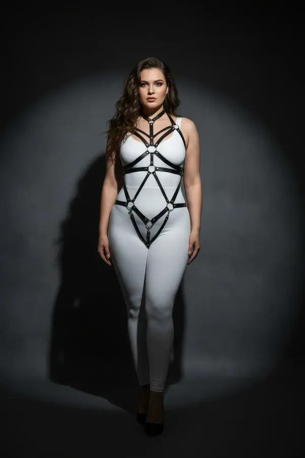 black faux leather full body harness with six silver O-rings in geometric strap pattern from collar to waist