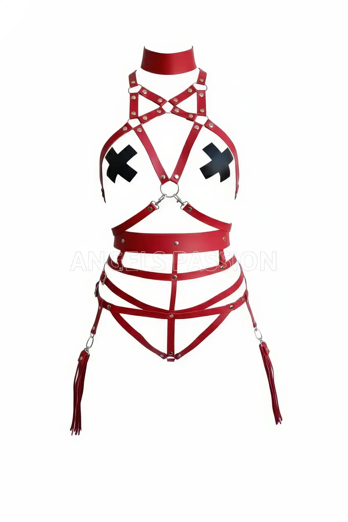 red faux leather full body harness set with choker cross-strap chest O-ring waist belt hip cage and hanging fringe tassels si