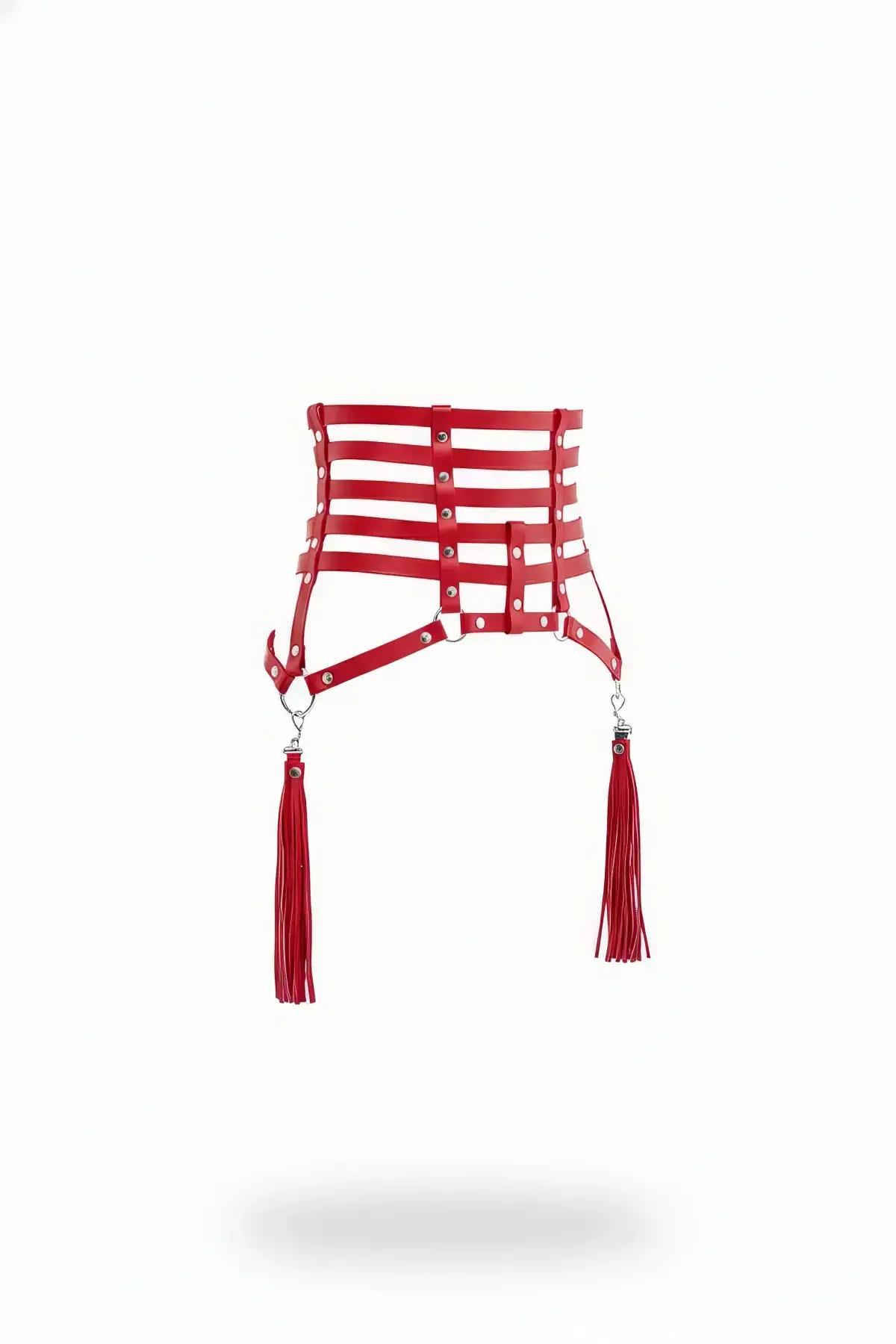 red faux leather caged waist harness with four horizontal straps silver rivets and detachable red fringe tassels