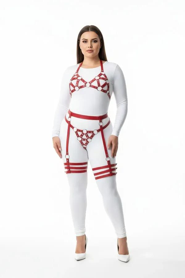 kırmızı suni deri harness takım büyük beden gümüş halka detaylı jartiyerli uyluk bantlı 4 parça set