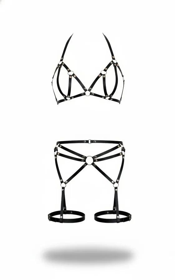 black faux leather strappy harness bra and garter belt set with silver O-rings flat lay product shot