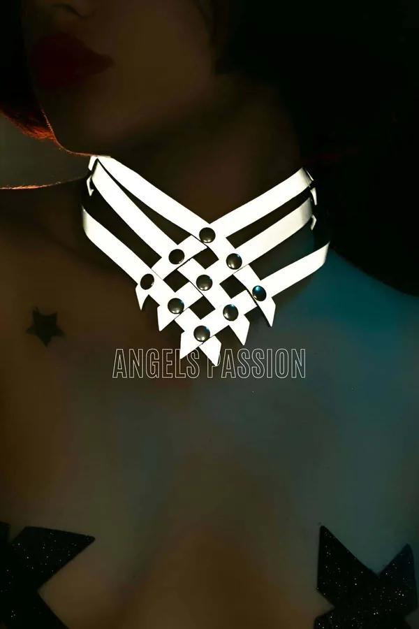 White reflective vegan leather woven choker with dome studs worn at the throat showing chevron lattice strap pattern