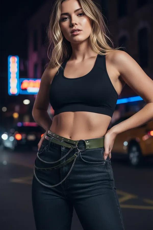 Khaki faux leather waist belt with silver O-ring buckle and detachable chain drape worn over high-waist jeans