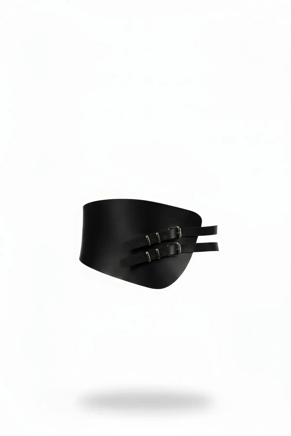 Black faux leather wide corset belt with dual silver-tone buckles front view smooth matte finish