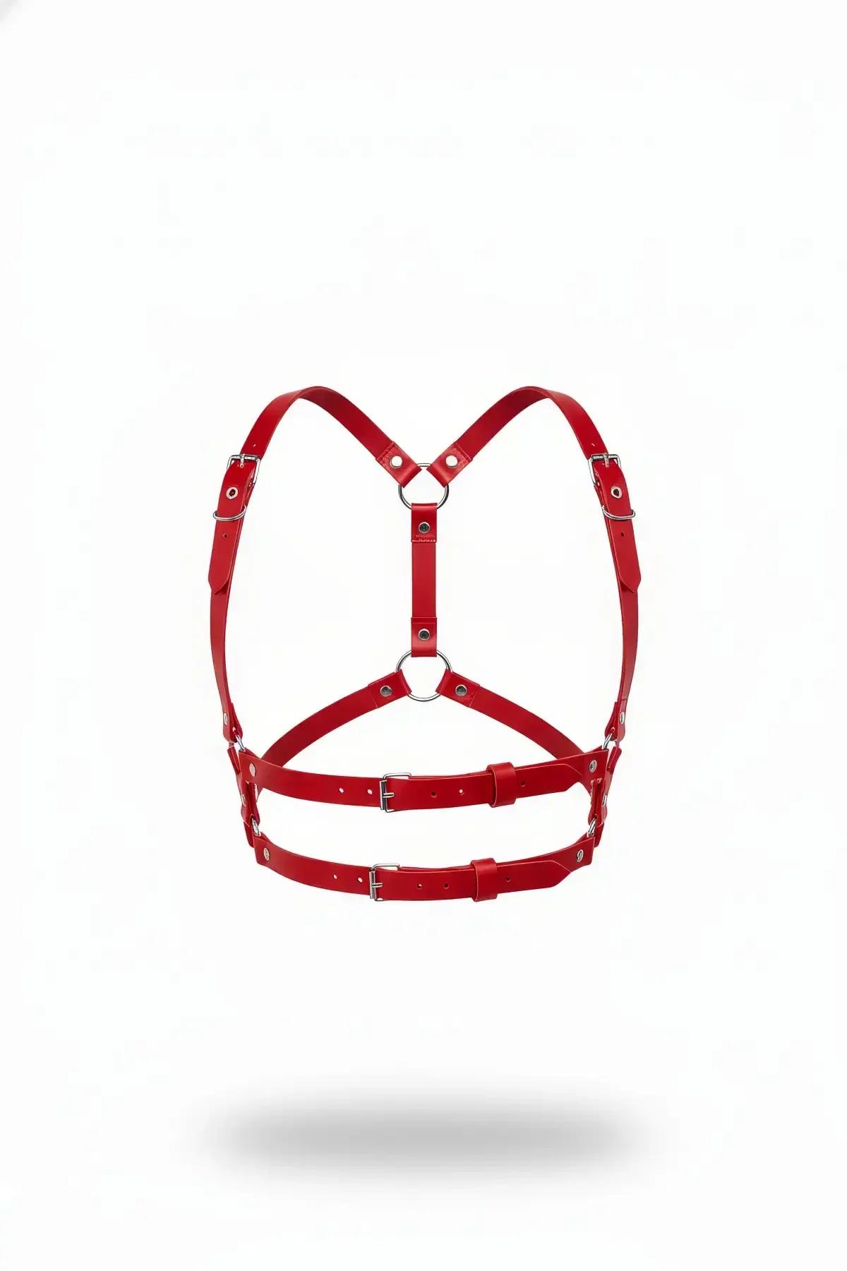 red faux leather Y-strap chest harness with center O-ring and dual silver buckle waist bands
