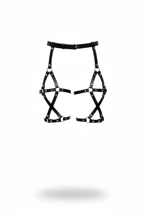 black faux leather thigh harness with crisscross straps and silver O-rings, adjustable waist belt, front view
