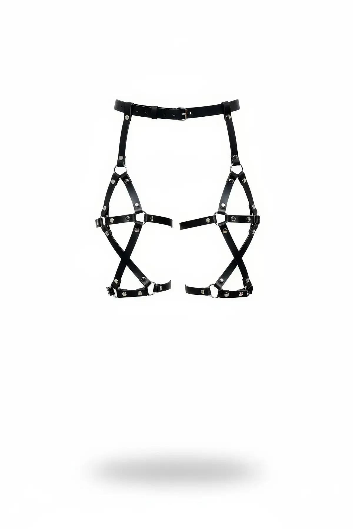 Black faux leather dual thigh cage harness with silver O-rings and X-cross strap pattern on white background