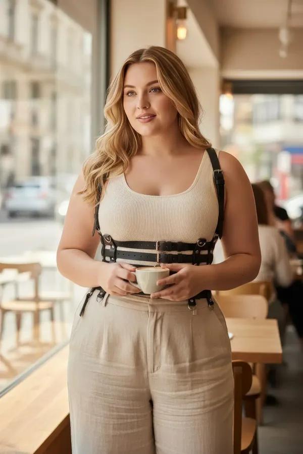 büyük beden siyah vegan deri body harness kemer korse; çift yatay bant, metal D-halkalar ve ayarlanabilir omuz askısı