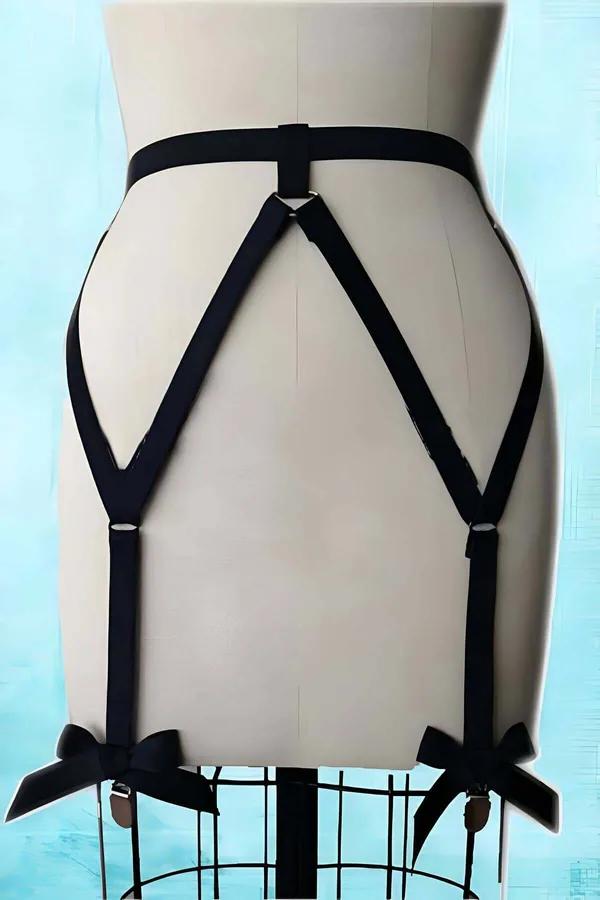 Black elastic garter harness with geometric triangle cage strap pattern and four satin bow suspender clips