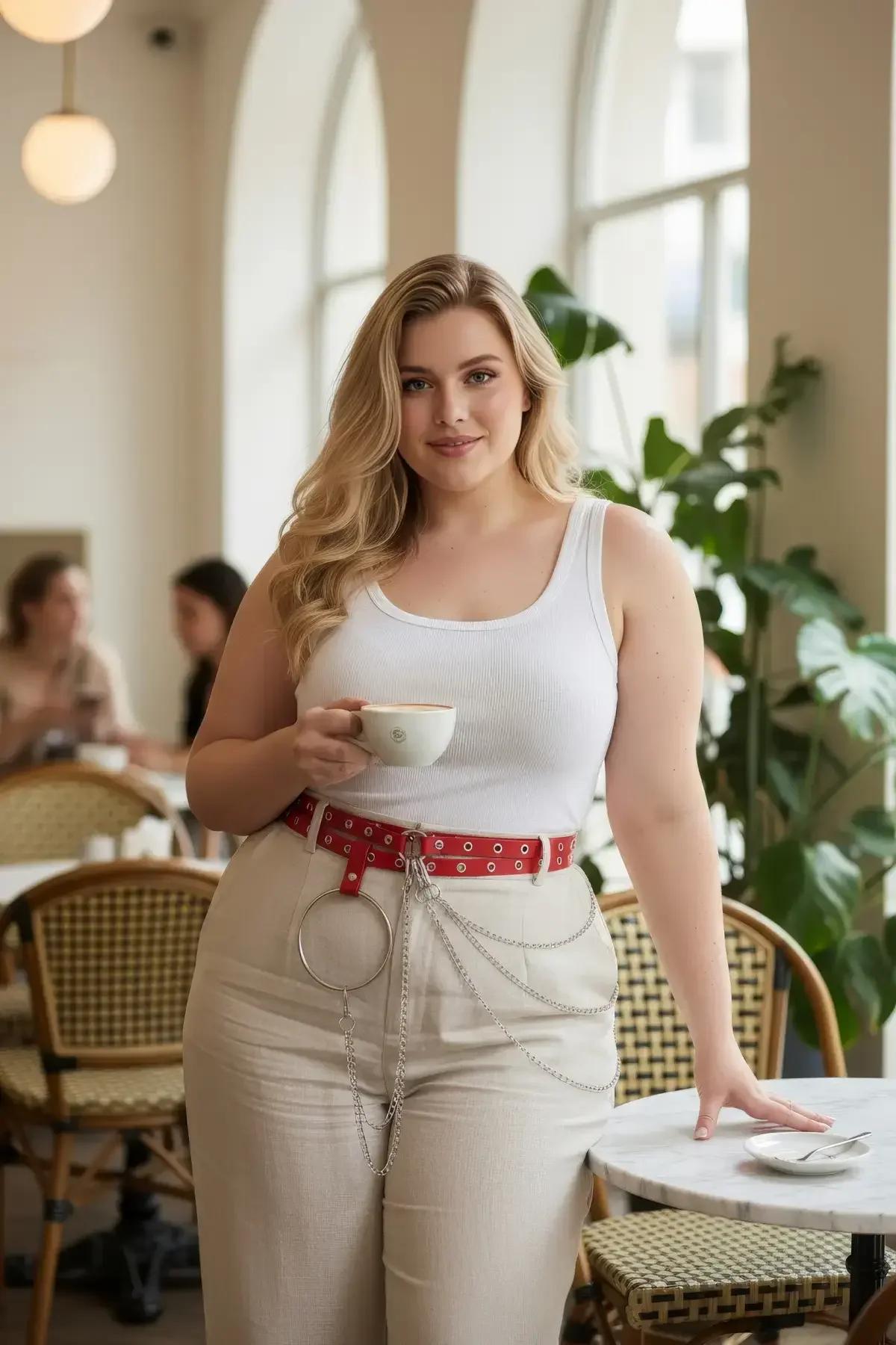 red faux leather grommet belt with silver O-ring and draping chains worn at waist over cream trousers