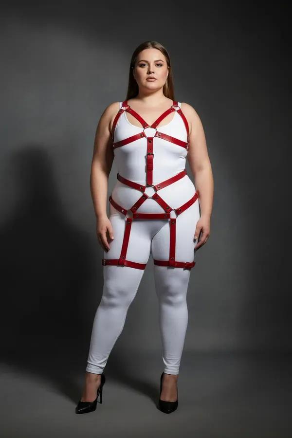 red faux leather full body harness with silver O-rings chest cage waist panel and thigh bands worn over white bodysuit