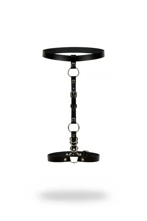 siyah faux leather jartiyer harness bel bacak bandı gümüş O-ring detaylı dikey tasma